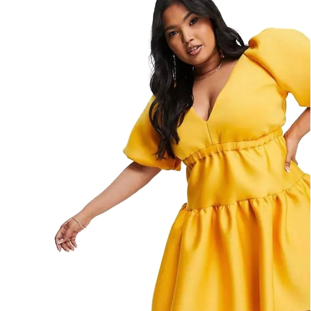 ASOS DESIGN Curve Puff Sleeve Plunge Skater Dress in Gold, Size 18